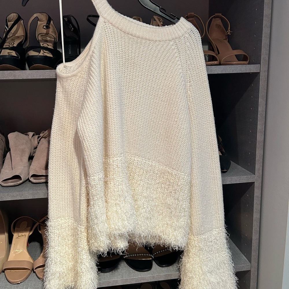 1. State White Off-the-Shoulder Sweater with Textured Hem